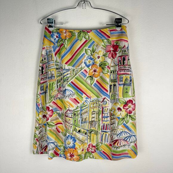 Talbots Colorful Italy France Scene City Floral Print Skirt Womens 8 Tencel Soft - Picture 3 of 11